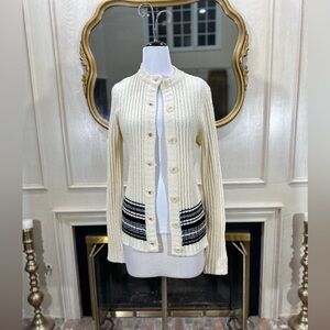 Vintage Dalton Ribbed‎ Button Cardigan Cream Black Stripe Retro Knit Sweater S/M
